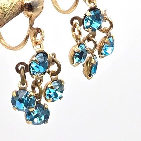 Vintage Goldtone with Sparkly Blue Rhinestones Dangle Screw Back Earrings - Picture 3 of 5